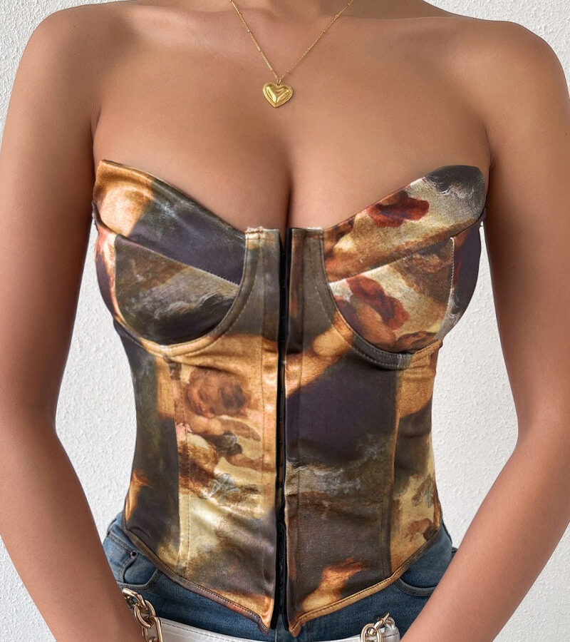 Sexy Color Block Backless Lace Up Boned Corset Blouse