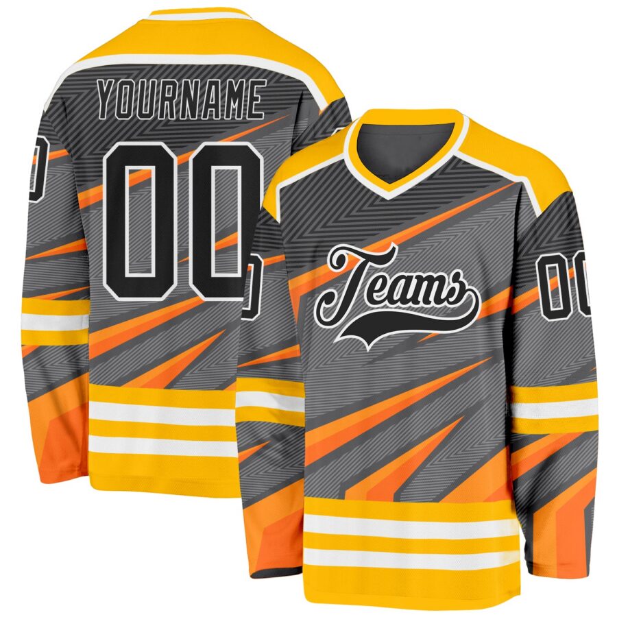 Custom Gray Black Gold Orange-White 3D Pattern Cyber Mecha E-sport Hockey Jersey