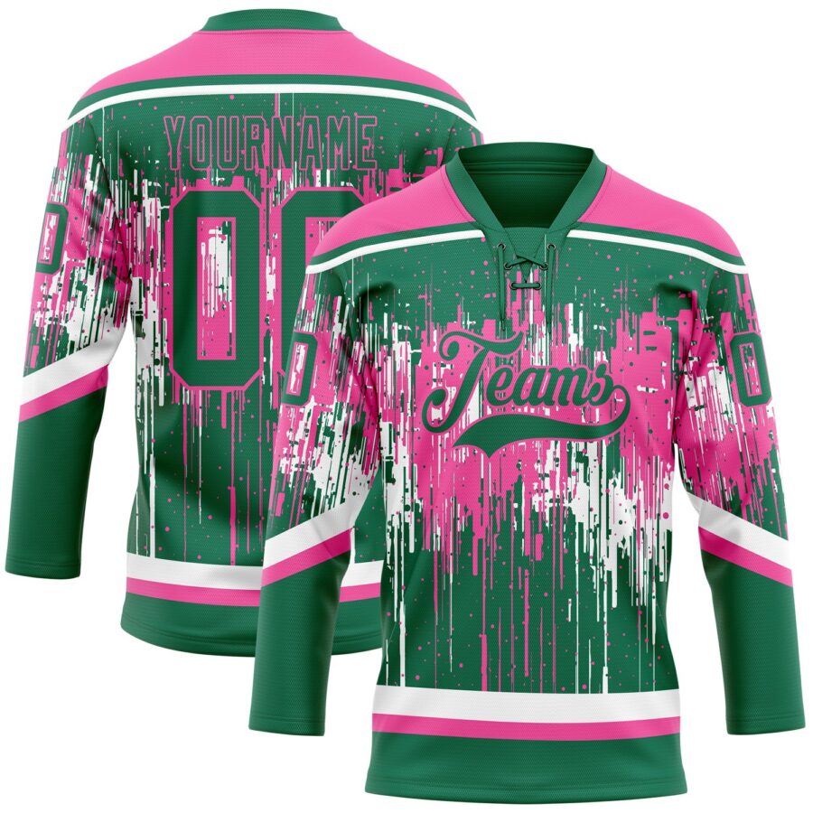 Custom Kelly Green Pink-White 3D Pattern Dripping Splatter Hockey Lace Neck Jersey