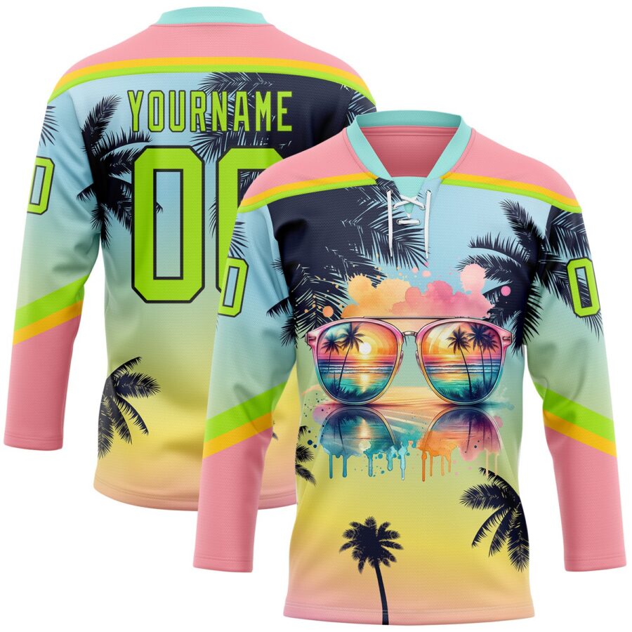 Custom Medium Pink Neon Green Yellow-Black 3D Pattern Gradient Hawaii Tropical Palm Trees Hockey Lace Neck Jersey