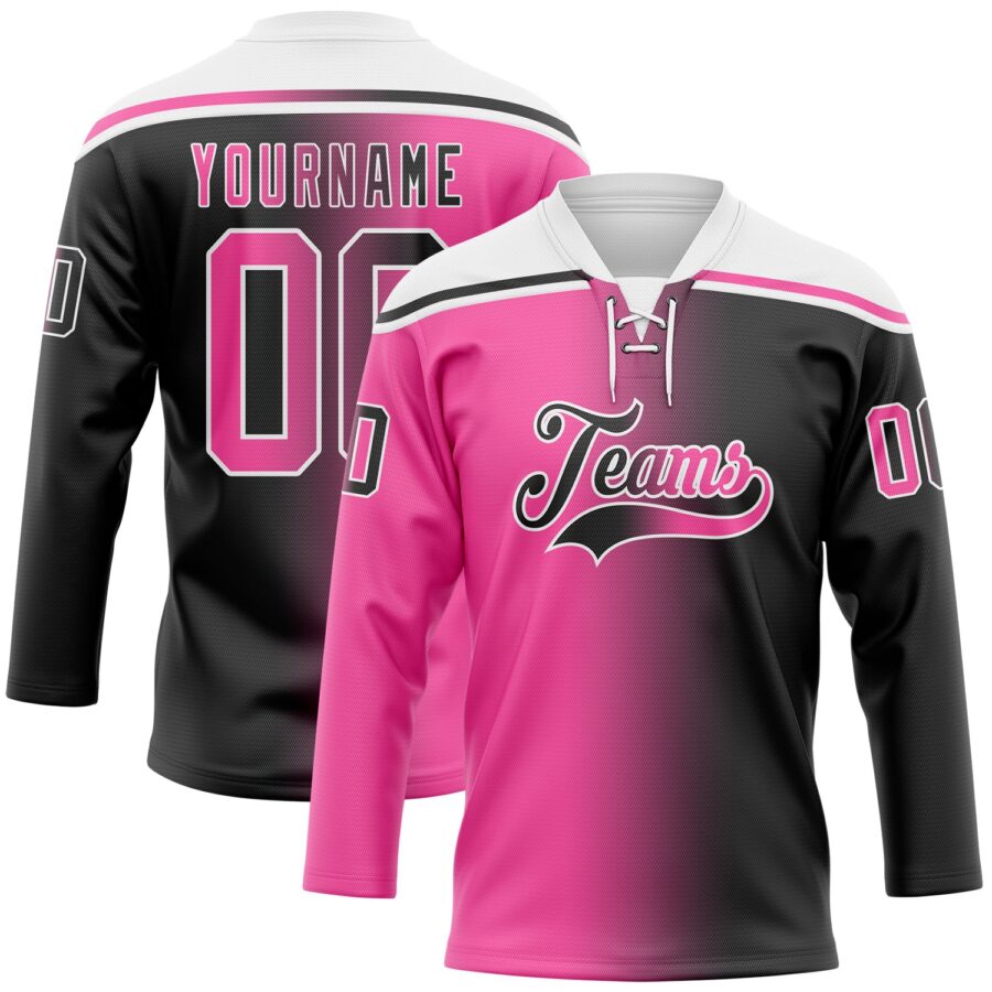 Custom Black Pink-White Gradient Fashion Hockey Lace Neck Jersey