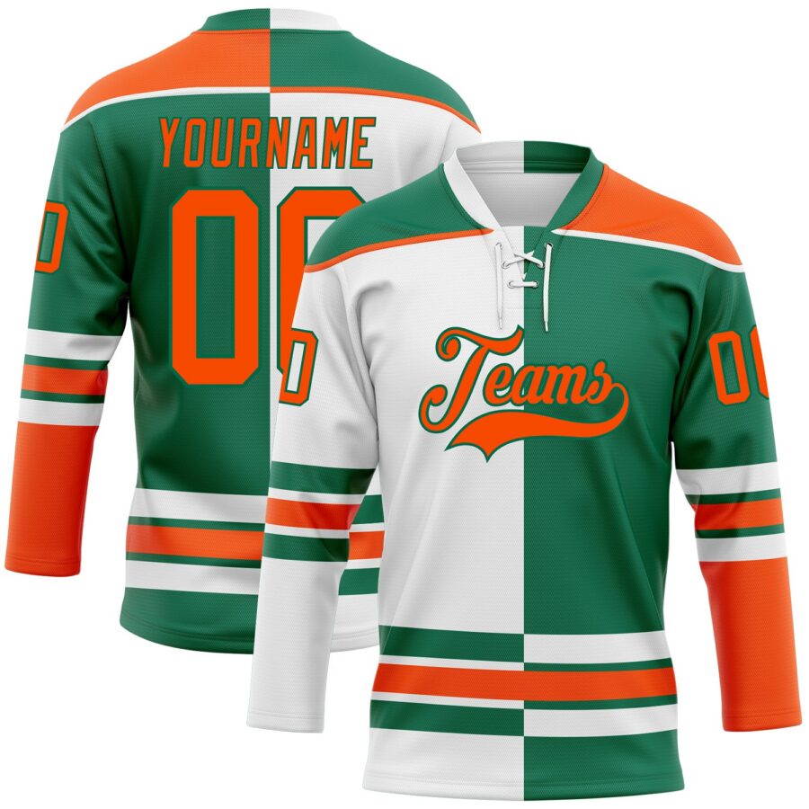 Custom Kelly Green Orange-White Split Fashion Hockey Lace Neck Jersey
