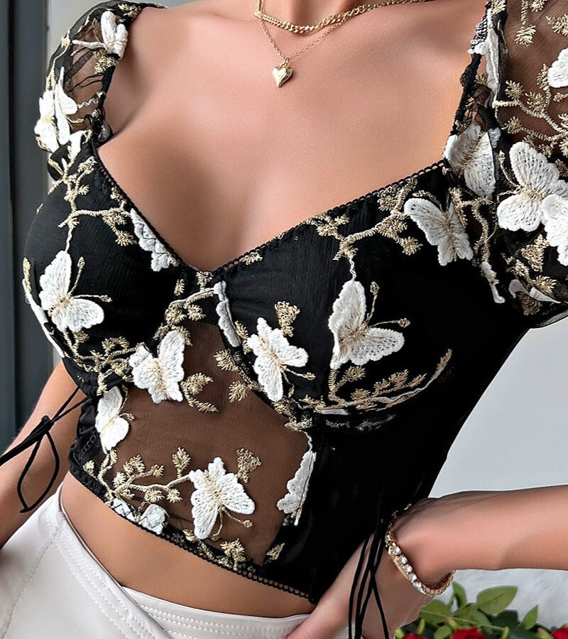 Sheer Butterfly Embroidery Mesh Panel Backless Cami Blouse